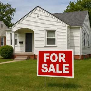 Selling a Home to Stop Foreclosure in Michigan Suburban white house with a red for sale sign in the front yard