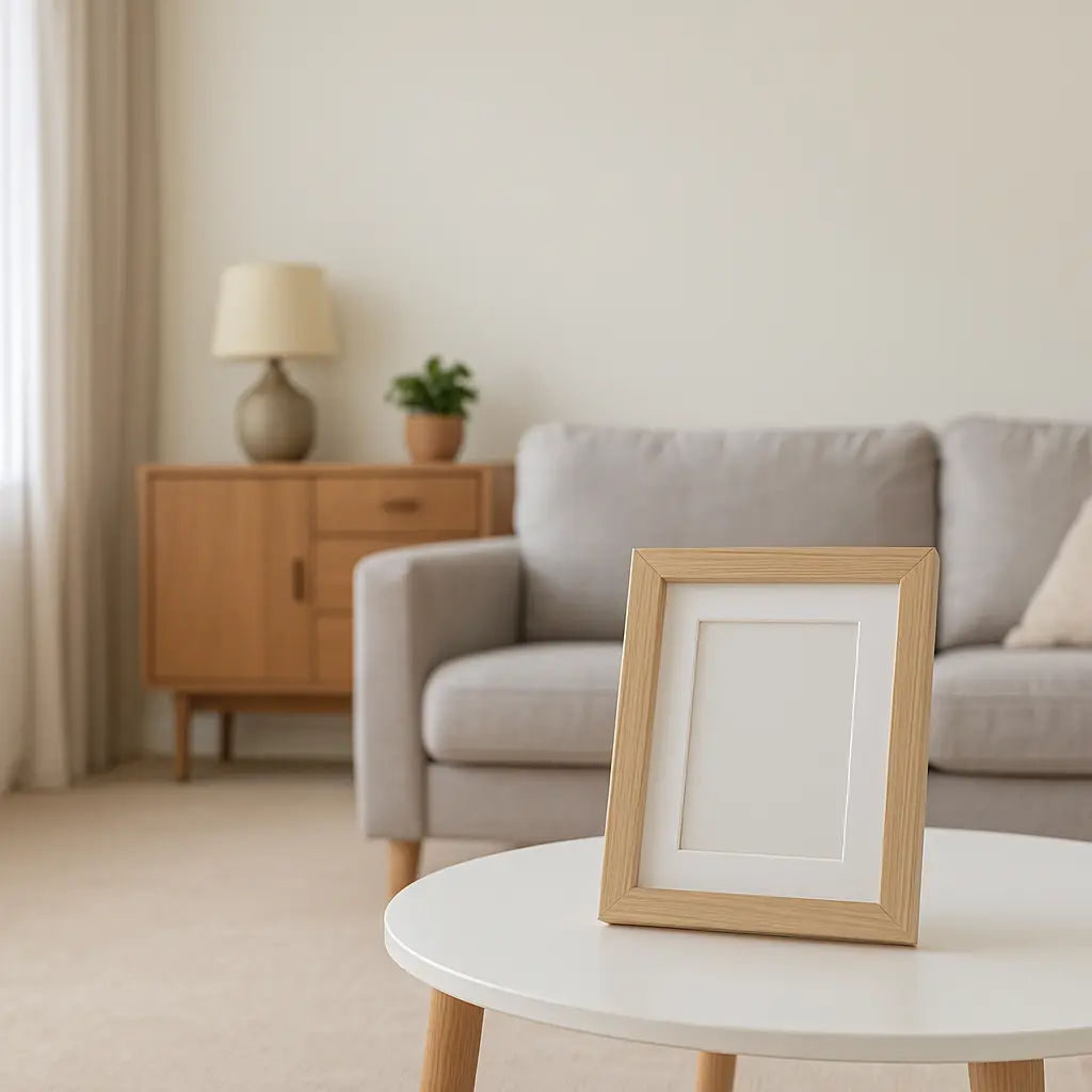 Gentle-Living-Room-Scene-—-Reflecting-the-Journey-of-Settling-an-Estate-Home A peaceful living room with a wooden picture frame on a white coffee table, soft gray sofa, and warm natural light filling the space.