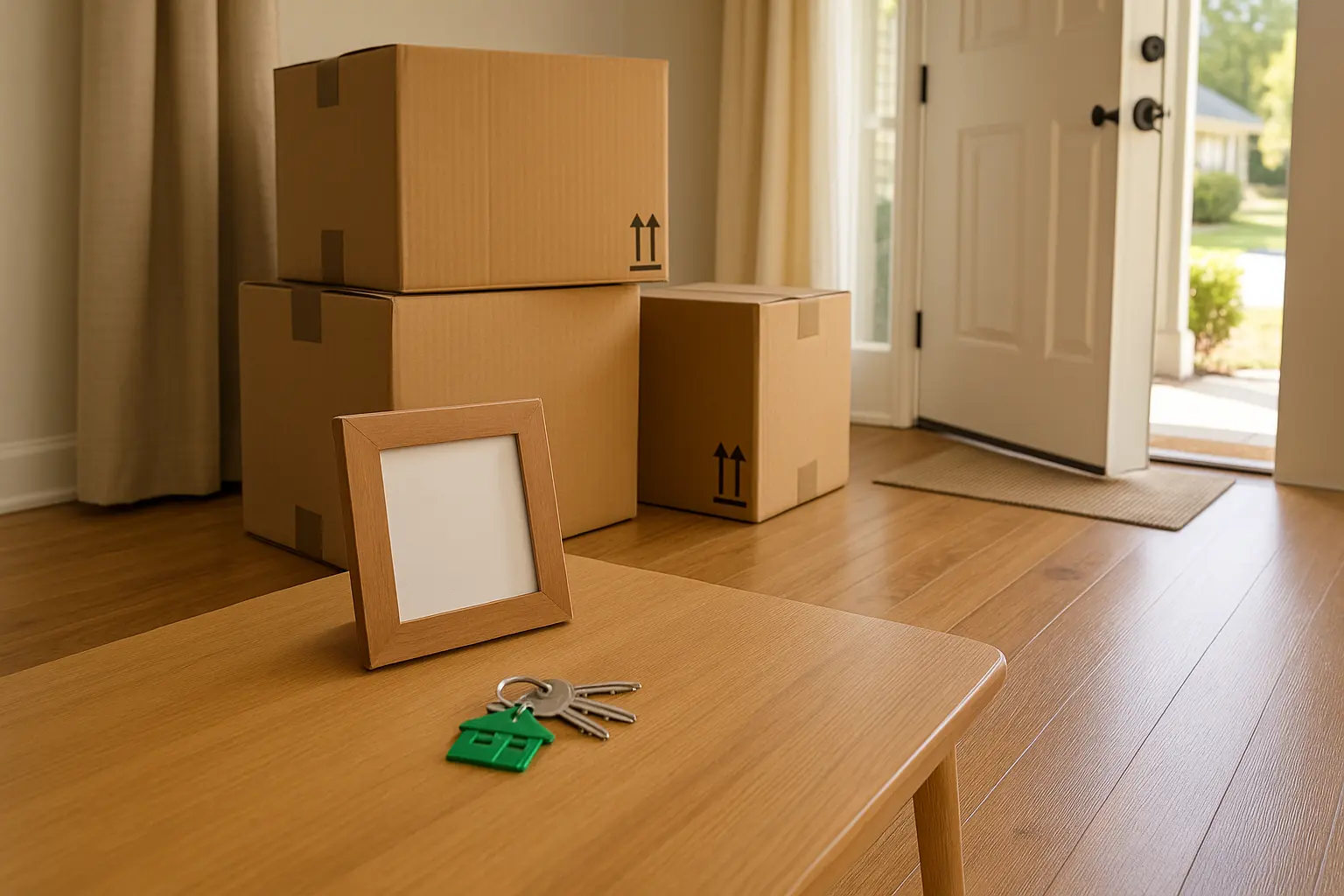 Moving-Day-—-Transitioning-a-Loved-Ones-Estate-Home-with-Care Cardboard boxes stacked in a bright entryway with a set of house keys on a wooden table and an open front door in the background.