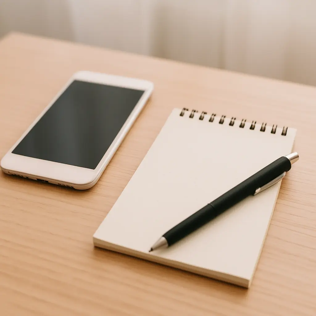 Simple-Workspace-—-Beginning-the-Conversation-About-Your-Estate-Home A smartphone, spiral notepad, and pen neatly arranged on a light wooden desk under soft natural light.