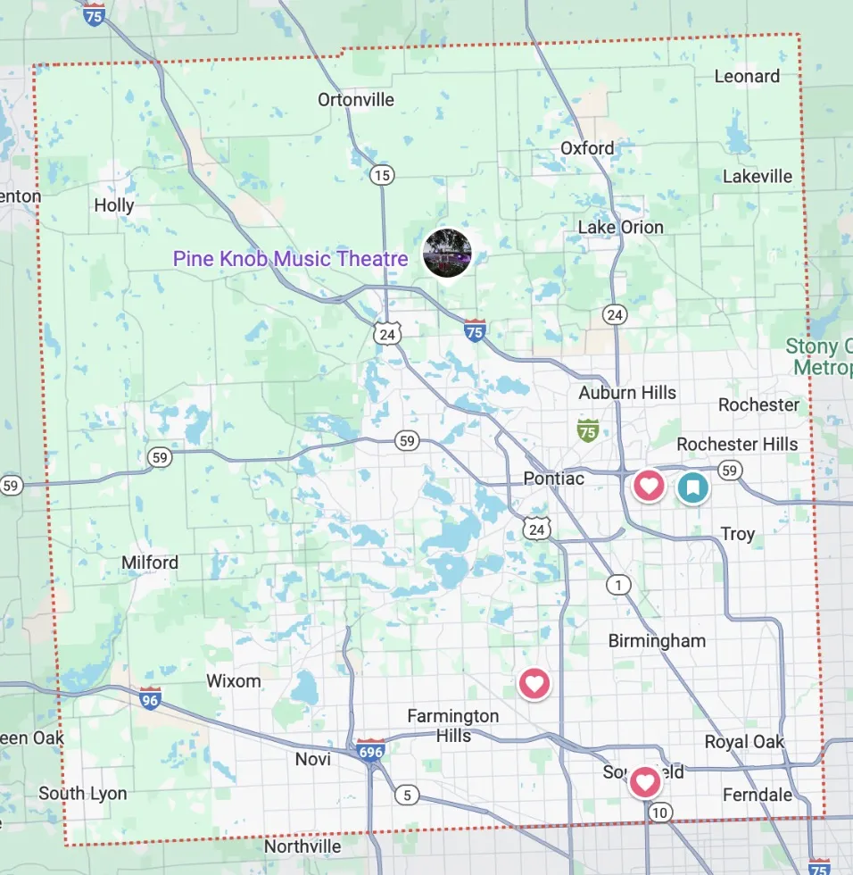 oakland_county_map Map of Oakland County Michigan showing cities, major highways, and landmarks like Pine Knob Music Theatre.