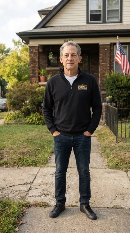 Dennis Fassett standing in front of a Detroit property